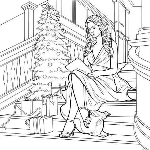 Woman reading on the stairs with a Christmas tree