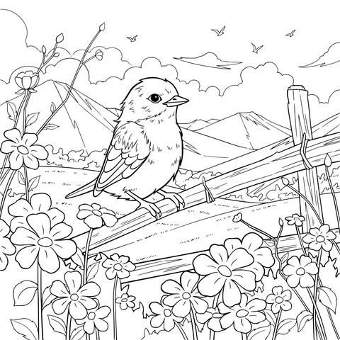 Blue Bird on a Wooden Fence in a Flower Bed