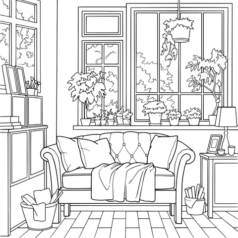 A cozy living - room corner surrounded by green plants