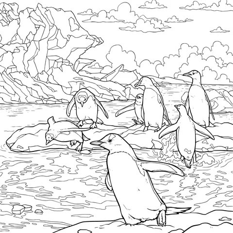 Penguins frolicking in the icy sea