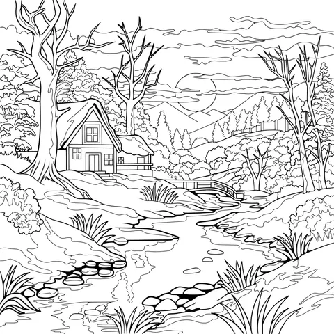 Cabin by the Stream at Winter Dusk