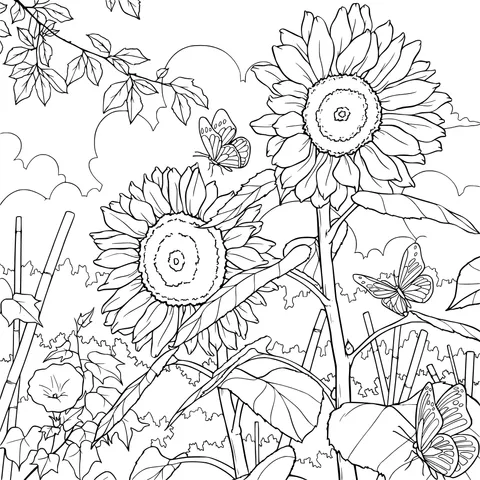 Sunflowers and Butterflies in a Rural Scene