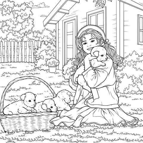 A woman's warm moment with puppies in the courtyard