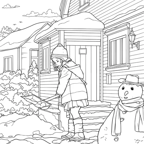 Girl Shoveling Snow in Winter