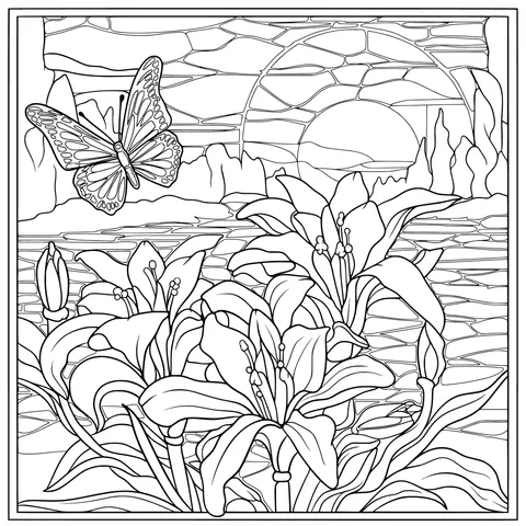 Evening Scene of Lilies and a Butterfly