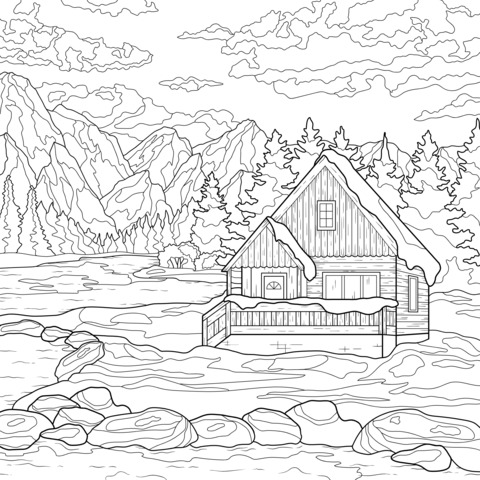 Winter Lakeside Cabin Coloring Page