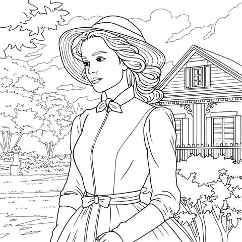 身着复古服饰的女子与田园小屋