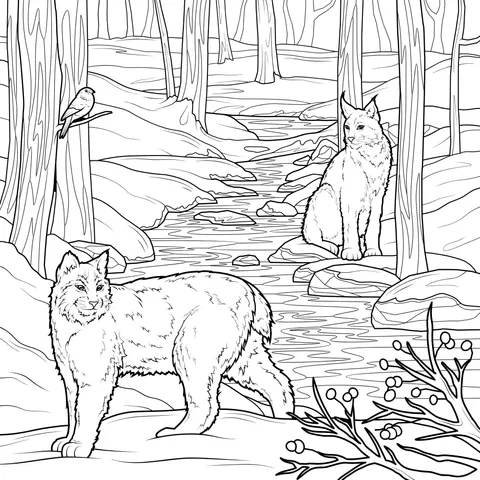 Feline animals and a bird in a winter forest