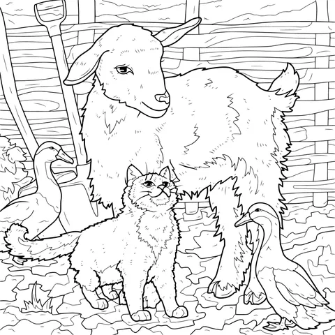 Goat, Cat and Ducks on the Farm
