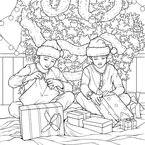 Two people opening Christmas gifts together