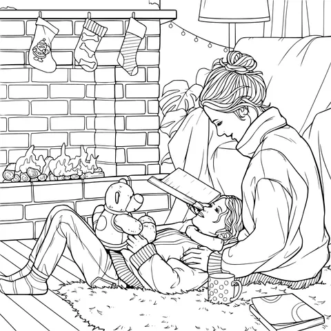 Warm reading time for mother - daughter by the fireplace
