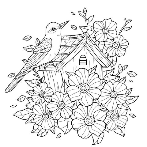 花簇中的鸟与鸟舍