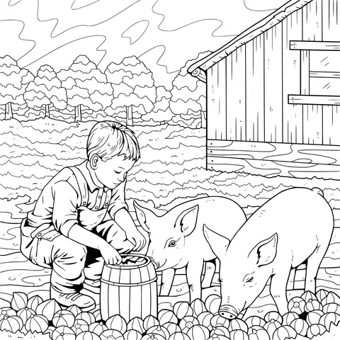 Boy feeding pigs on the farm