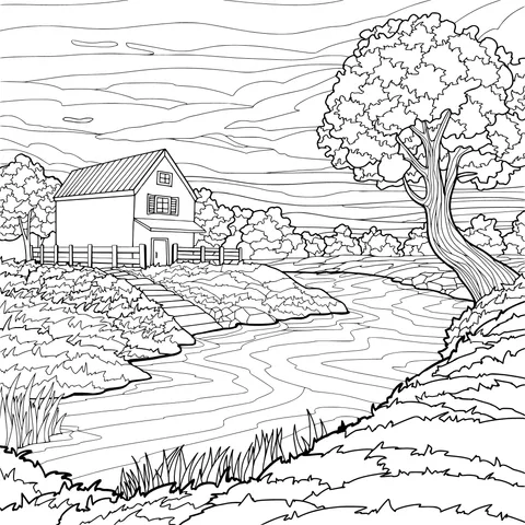 Scenery of a Cottage by the River