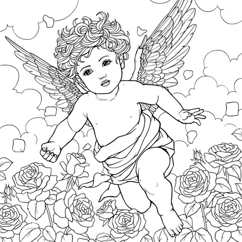 Little angel flying among the roses