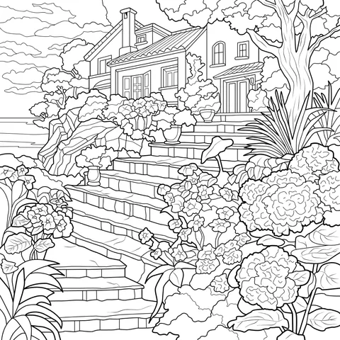 House Surrounded by Flowers by the Seaside