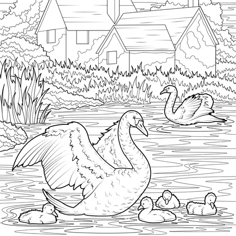 A Swan Family by the Lake