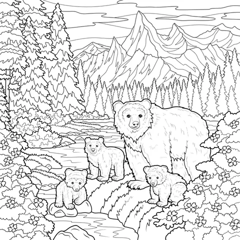 Bear Family in the Mountain Forest