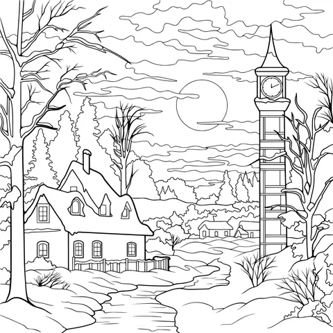 Village and Clock Tower at Winter Dusk