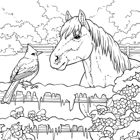 A Horse and a Bird Gazing at Each Other in Winter