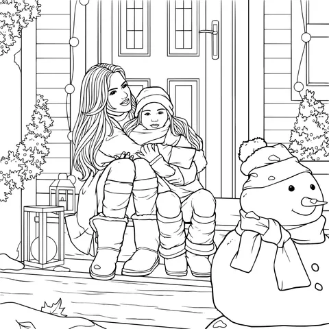 Mother - daughter hug in front of the door in winter
