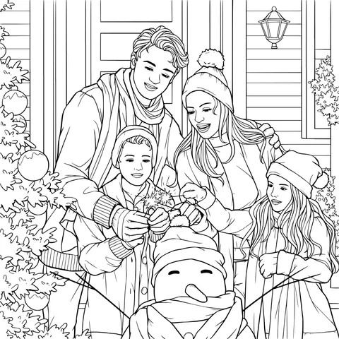 A joyful family - snowman building time in winter