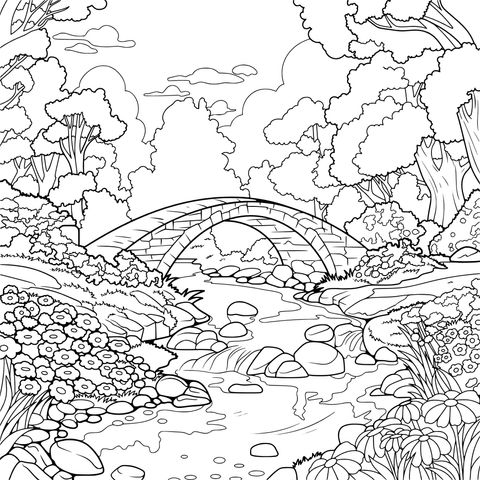 繁花似锦的溪边石桥风景