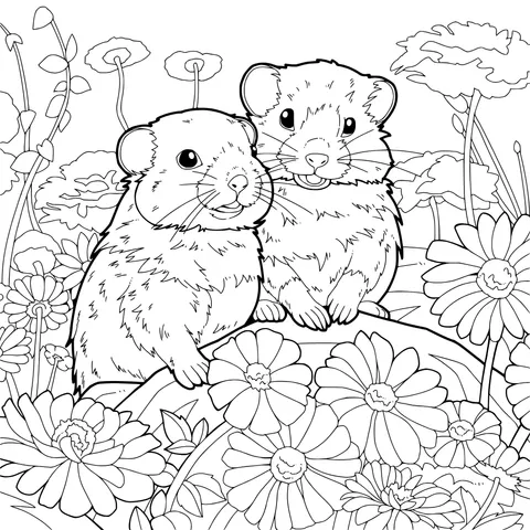 Two Hamsters in the Flower Bed
