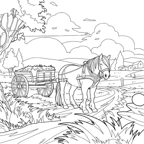 Grain - carrying Horse - drawn Cart in a Rural Area in Autumn