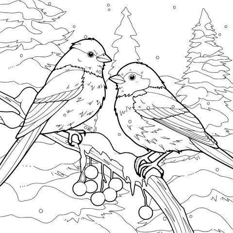 Colorful Birds on a Snow - covered Branch