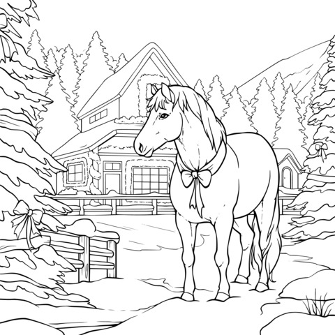 Coloring Page of a Horse and a Cottage in a Winter Snow Scene