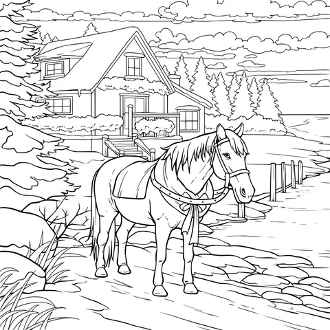 A Steed and a Cottage by the Lake in Winter