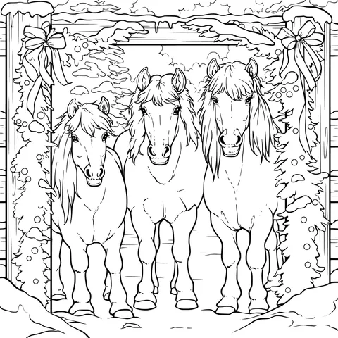 Three Horses Decorated in Winter