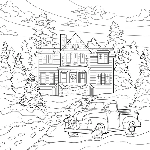 Cozy House and Red Pickup Truck in Winter