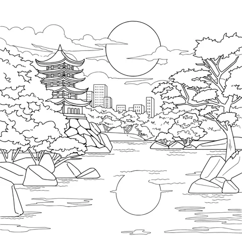 Ancient Pagoda Surrounded by Cherry Blossoms and Cityscape
