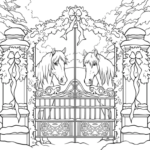 Two Horses in Front of a Winter Gate