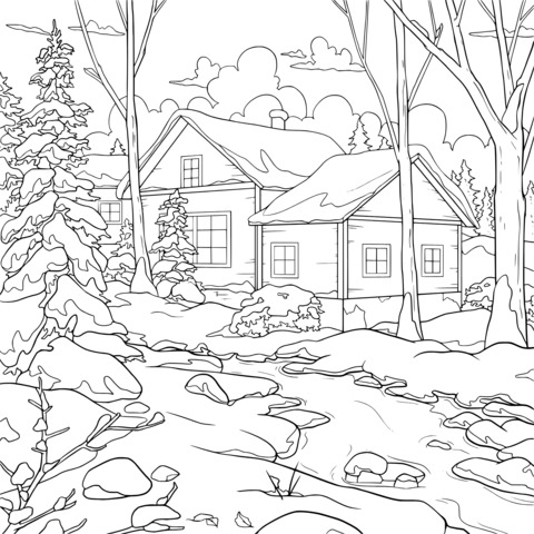 Cozy Cottage in Winter Snowscape Coloring Page