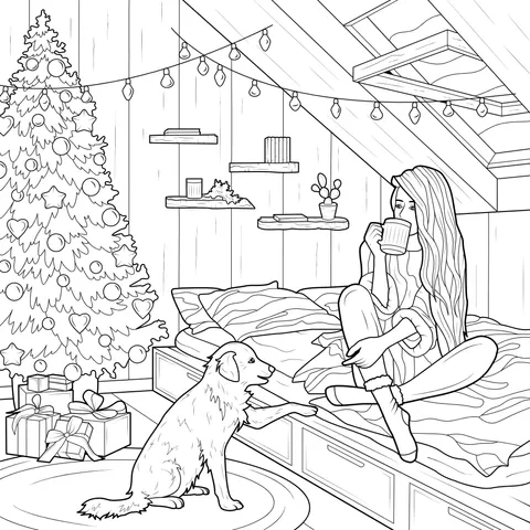 Girl and dog in a room with a decorated Christmas tree