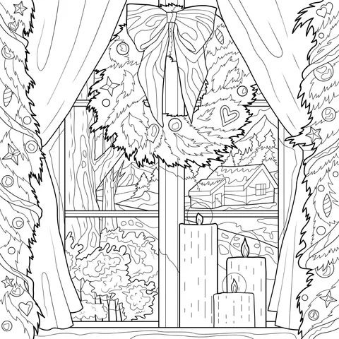 Snowy scene outside a festively - decorated window