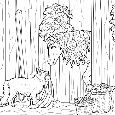 Interaction between a horse and a dog in winter
