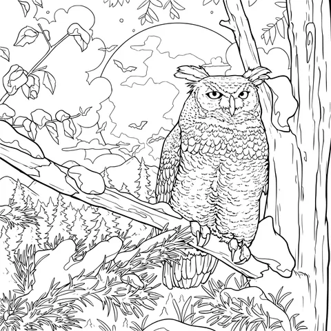 An Owl on a Branch under the Moonlit Night