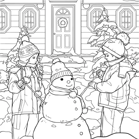 Children building a snowman in front of the house