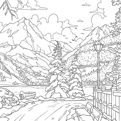 冬日雪山湖畔景致