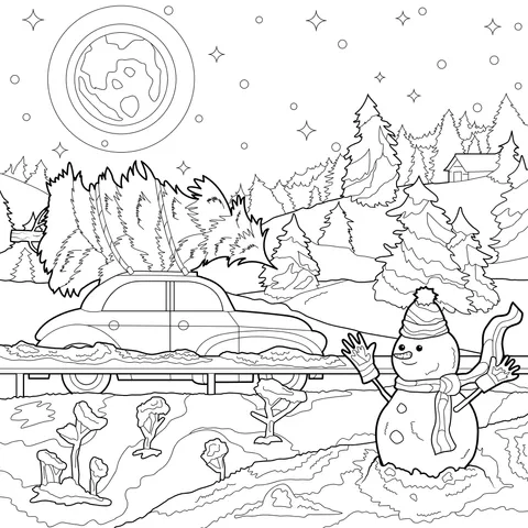 Snowman and Car in a Winter Night Scene