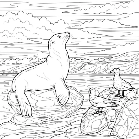 Sea Lion and Seagulls on the Rock