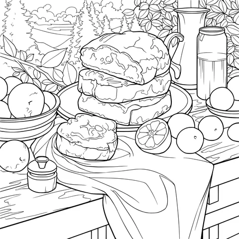 Bread and oranges on an outdoor wooden table
