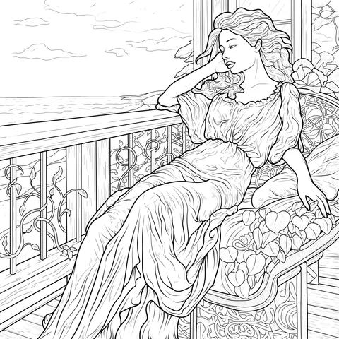 A resting woman on the seaside veranda