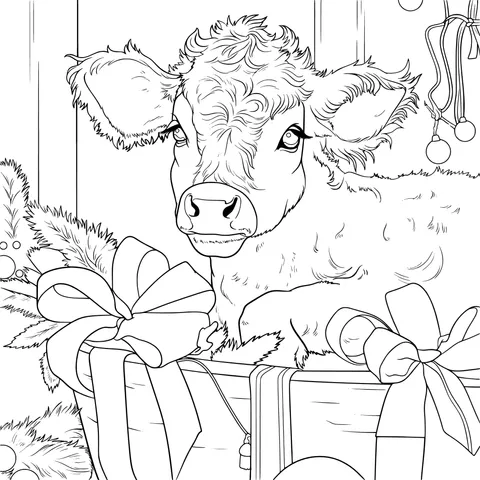 Calf among Christmas decorations
