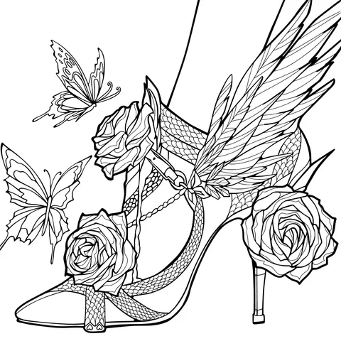 Dreamy high - heel shoes with wings accompanied by butterflies and flowers