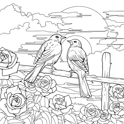 Two Birds with Roses and Sunset